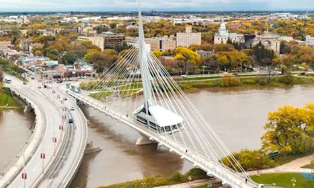 Aerial view of the Esplanade Riel pedestrian bridge over the Red River in Winnipeg, Manitoba.