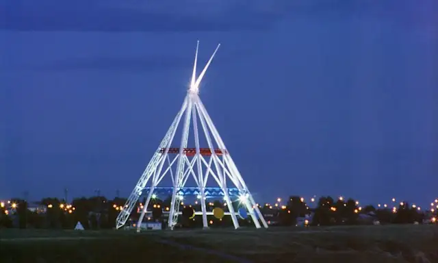 Saamis Tepee illuminated at night in Medicine Hat, Alberta