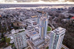 Aerial view of high-rise buildings and cityscape in North Vancouver, British Columbia
