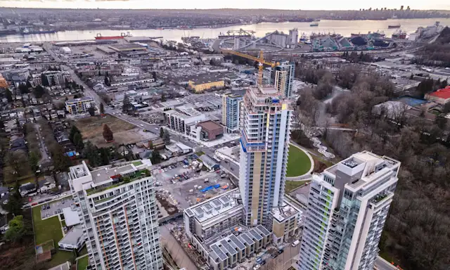 Aerial view of high-rise buildings and cityscape in North Vancouver, British Columbia
