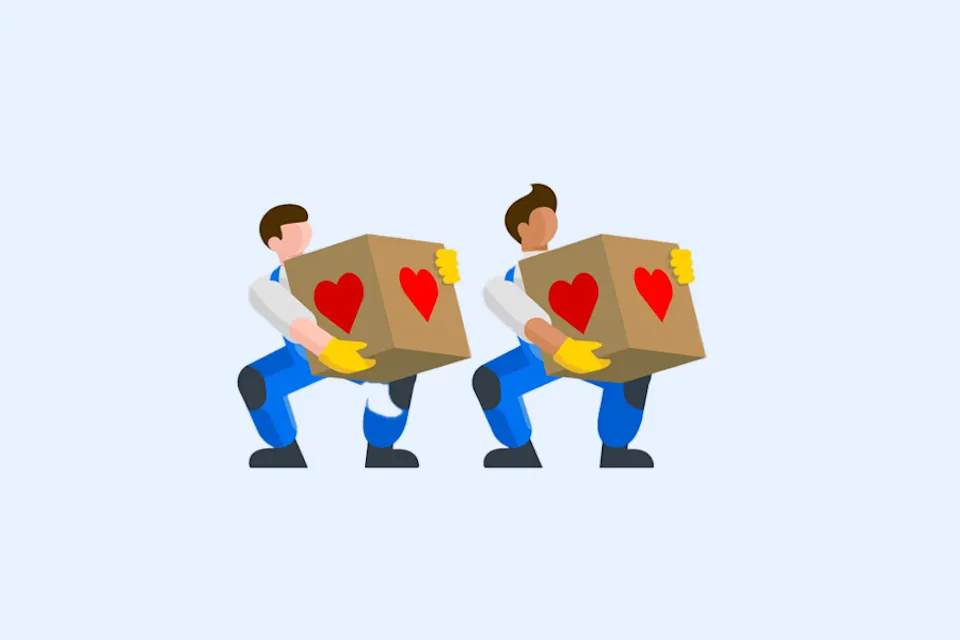 Illustration of two movers carrying boxes with heart symbols.