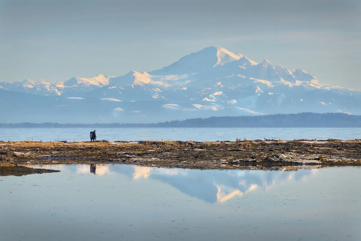 Snow-capped mountain view from Delta, British Columbia, with reflections in water