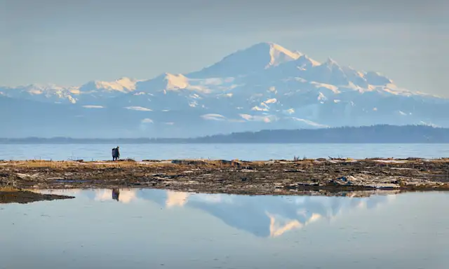 Snow-capped mountain view from Delta, British Columbia, with reflections in water