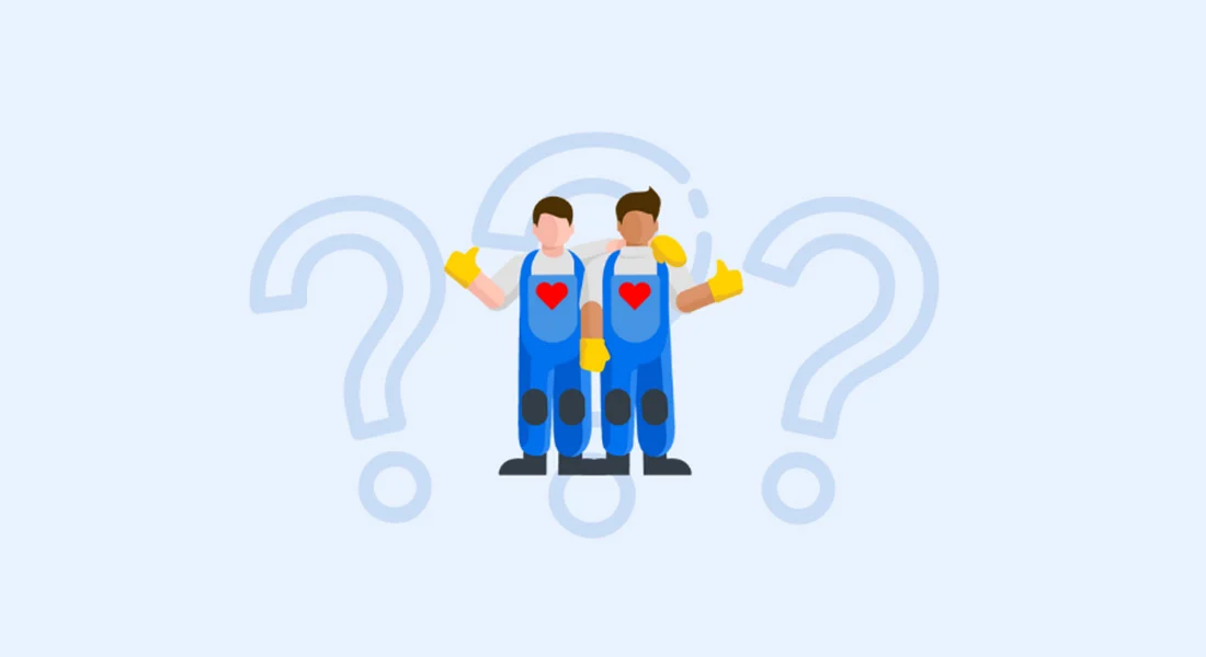 Illustration of two movers standing in front of question marks, suggesting help or guidance