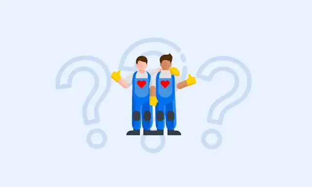Illustration of two movers standing in front of question marks, suggesting help or guidance