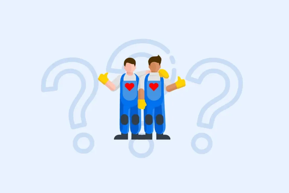 Illustration of two movers standing in front of question marks, suggesting help or guidance