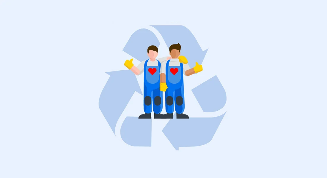 Two cartoon movers standing in front of a recycling symbol 