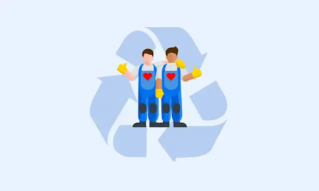 Two cartoon movers standing in front of a recycling symbol