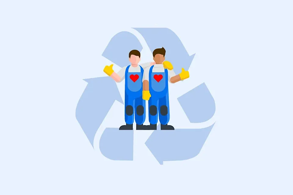 Two cartoon movers standing in front of a recycling symbol