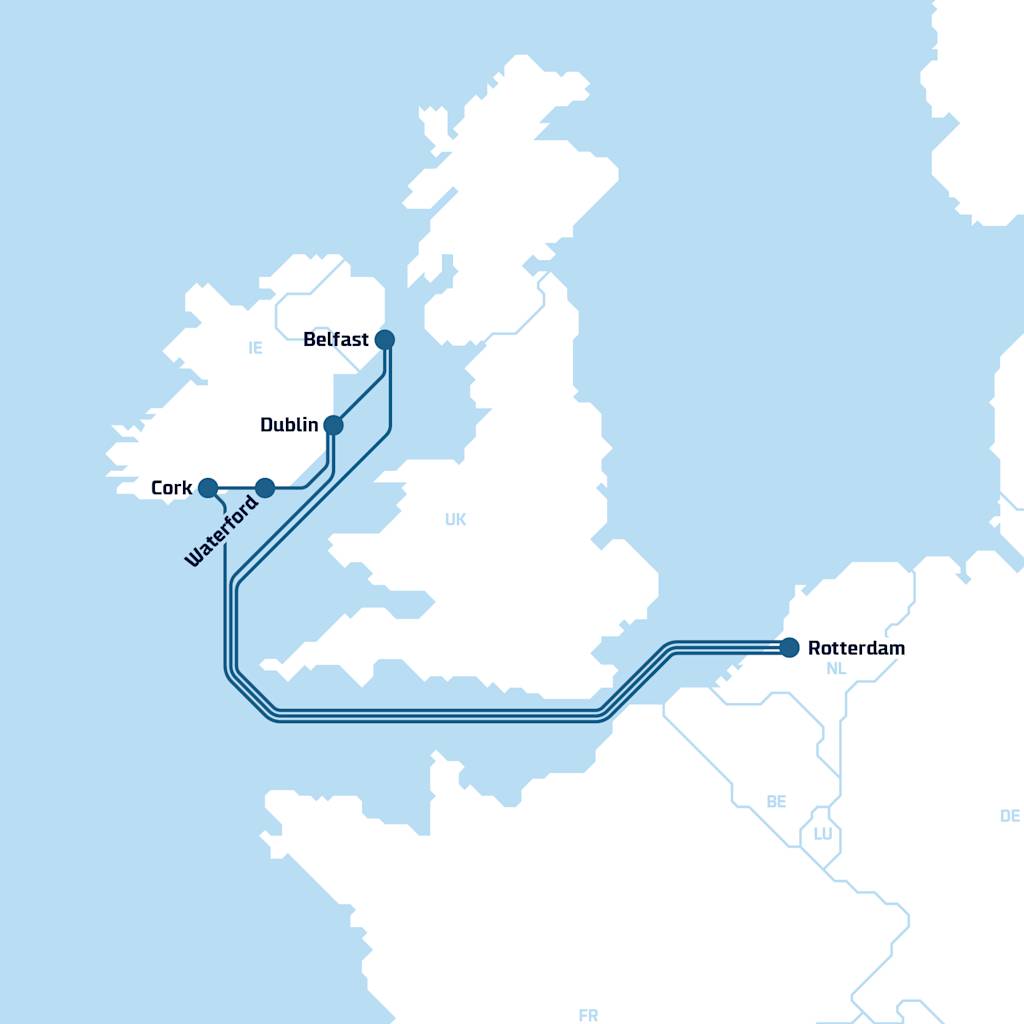 Map of DFDS Shipping Container routes from Continental Europe to Ireland Continental Europe-Ireland Intermodal ports, Light 2020-10-13