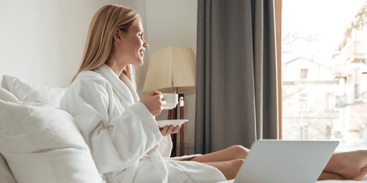 Woman drinking coffee in the hotel Kapellskar, Sweden Woman drinking coffee in the hotel Kapellskar, Sweden