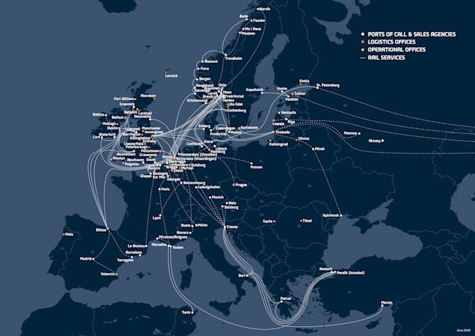 A map showing DFDS' network of freight shipping, logistics and passenger ferry routes across Europe