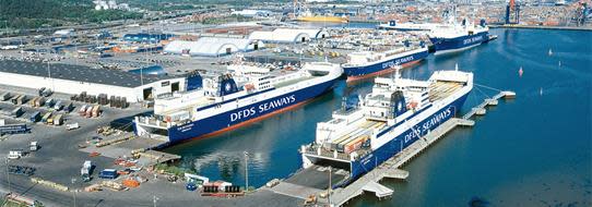 DFDS Logistics aerial view of a DFDS dock with ships