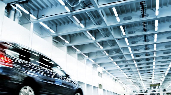 Inside the car deck of a DFDS ship