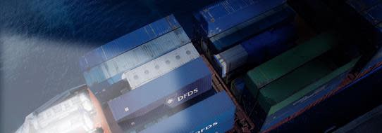 DFDS Logistics containers aboard ship, overhead view of bow and top deck
