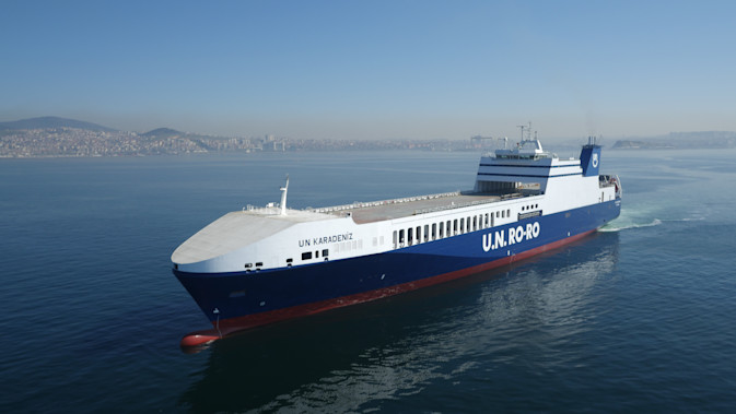 An angled shot of a U.N. Ro-Ro vessel at sea
