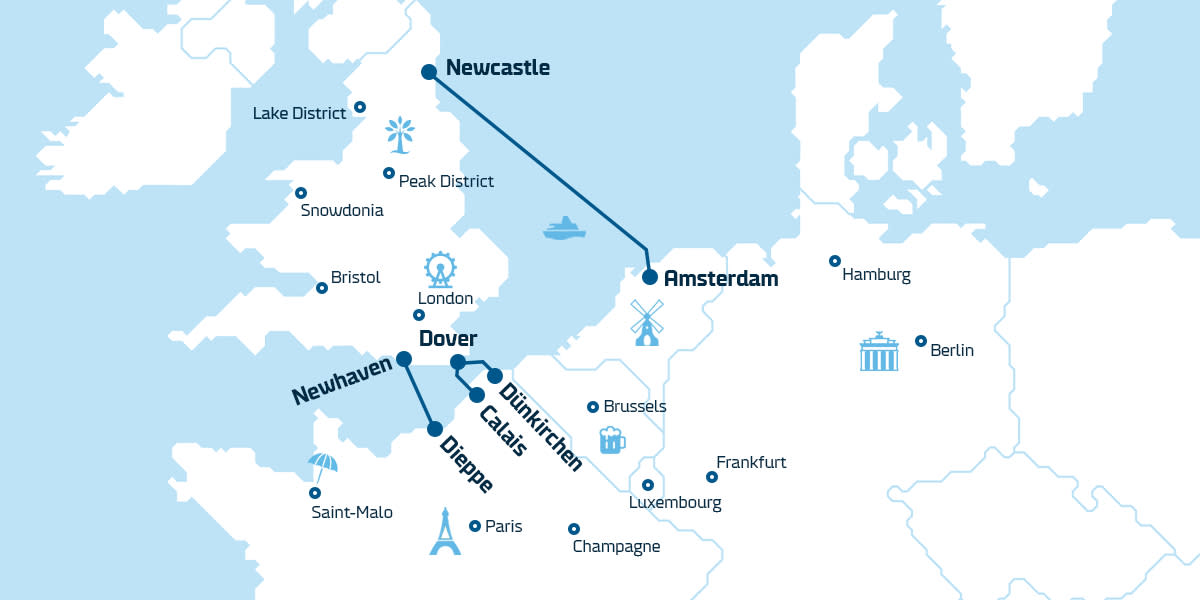 DE Ferries to England Map