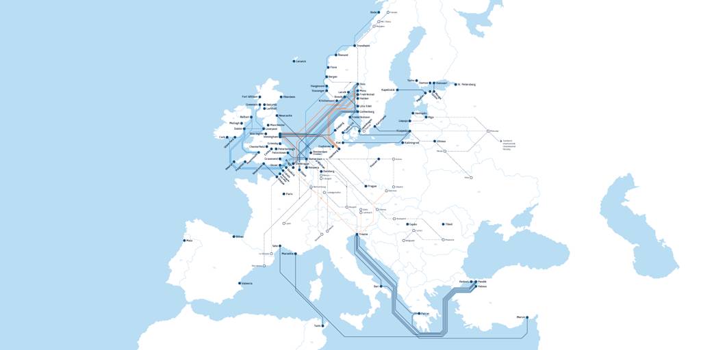 A blue map displaying DFDS' Route Network, showing Europe and parts of Northern Africa and Western Asia Logistics and shipping map, updated 16-11-2020
