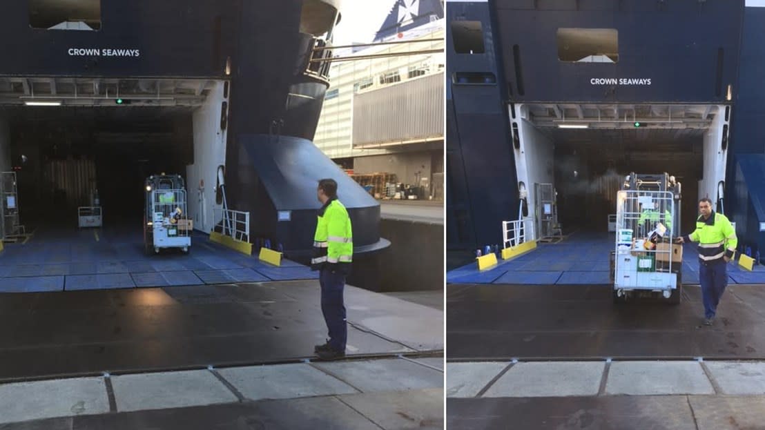 DFDS employee unloads food, two photos side by side