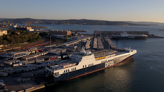 View from above of the DFDS Freight vessel UN Karadeniz at the Trieste terminal