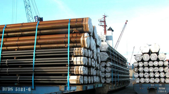 Steel bars on pallets waiting in a shipyard
