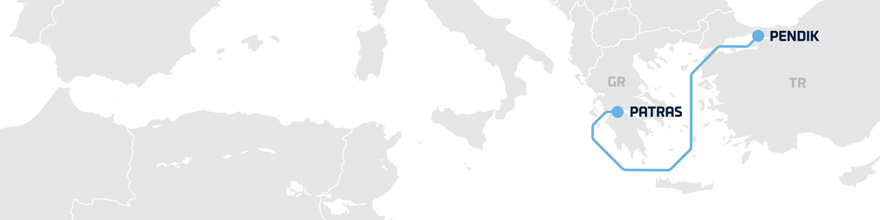 A map showing DFDS' freight shipping and logistics route between Patras and Pendik Pendik-Patras, hero1