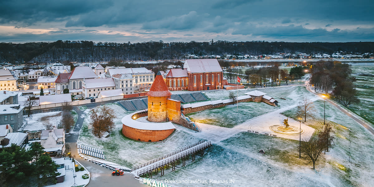AA Kaunas Castle in winter from above 