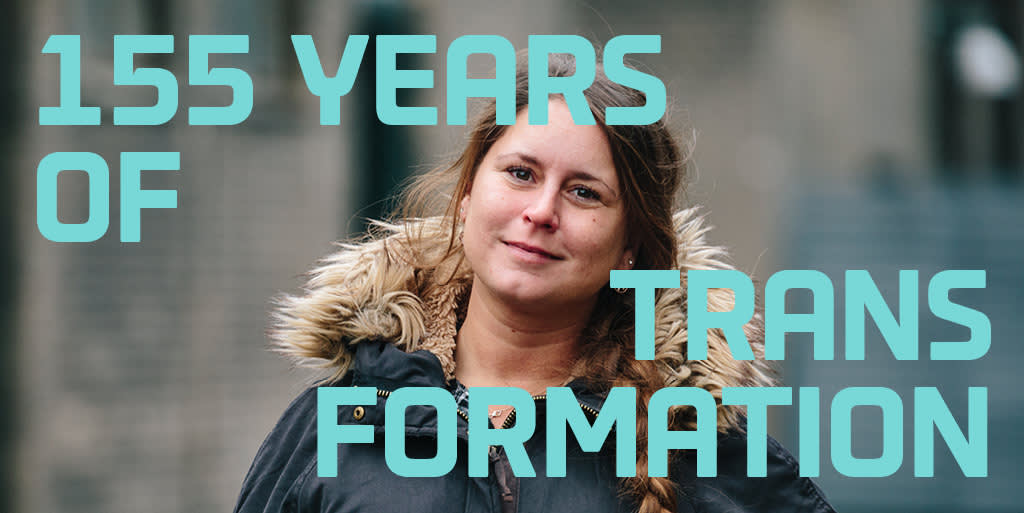 A DFDS employee looks at the camera with the text "155 years of transformation" overlayed 155 years of transformation, woman