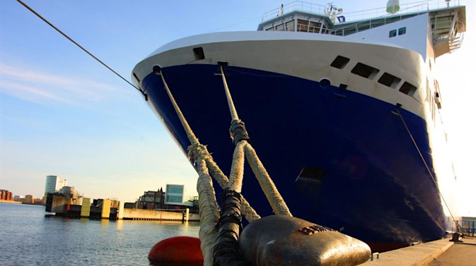 Low angle photo of the stays tying a DFDS vessel to the dock
