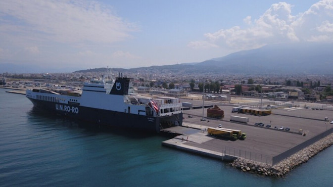A U.N. Ro-Ro vessel docked in Patras