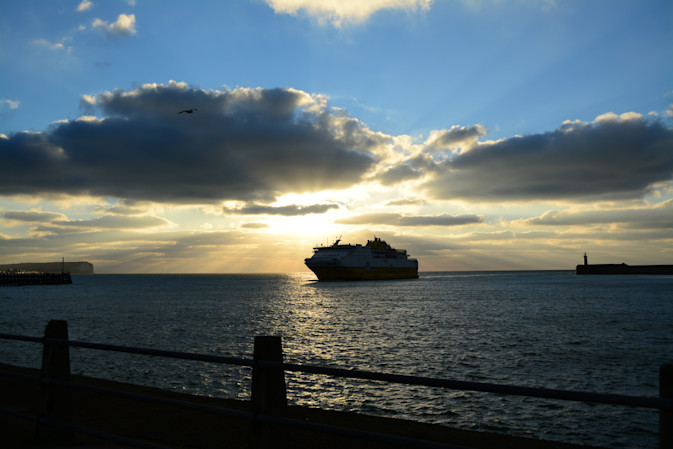 Sunset silhouette of DFDS vessel, Cote d'Albatre