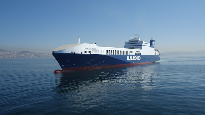 An angled shot of a U.N. Ro-Ro vessel at sea