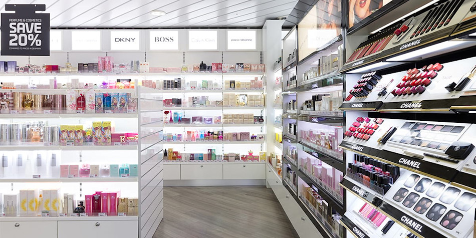 Makeup, perfume and other products in the tax free store 