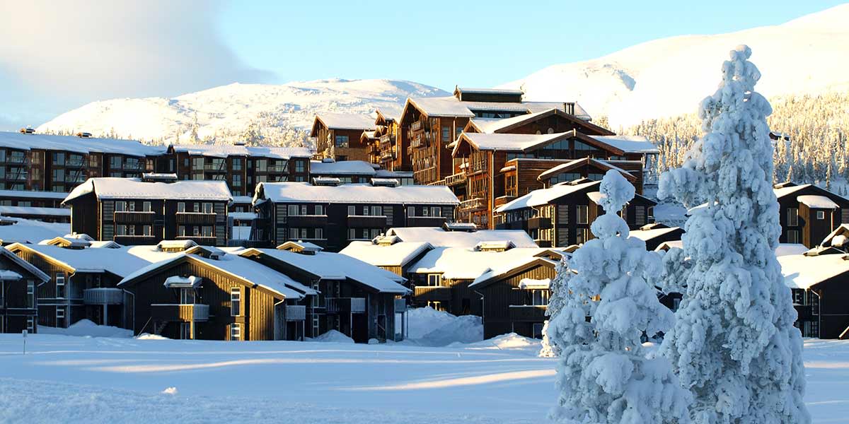 Cabins and mountains in background