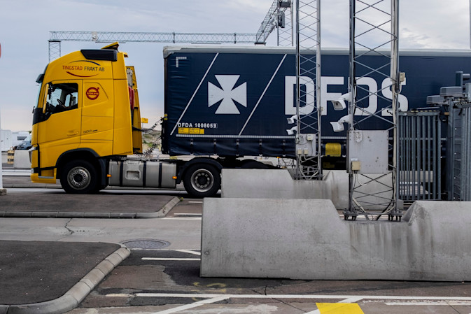 A DFDS Logistics truck entering a vessel at the terminal