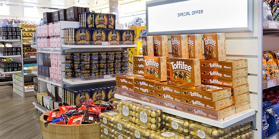 An abundance of sweets and chocolate on sale in the onboard shop.