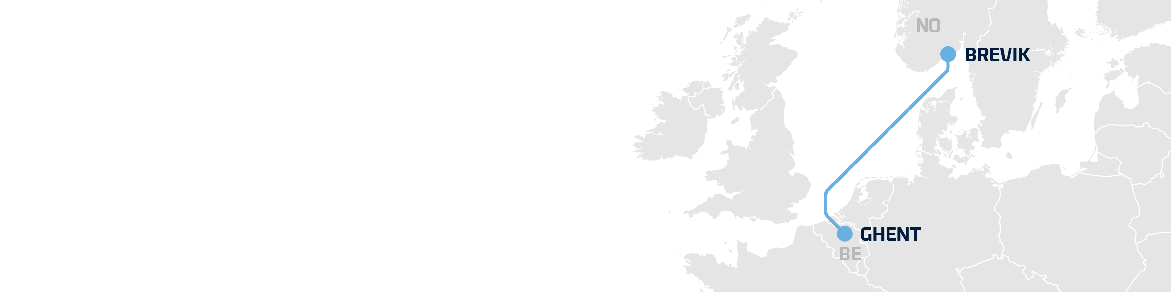 A map showing DFDS' freight shipping route between Brevik and Ghent Brevik-Ghent