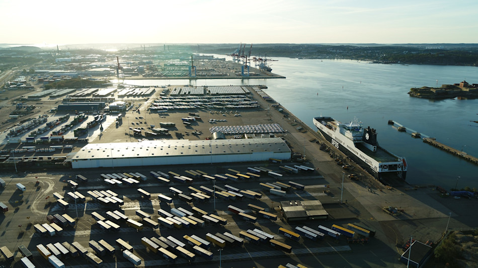 View from above of the DFDS Freight shipping terminal in Gothenburg, Sweden