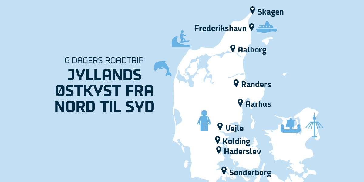 Kart over Jyllands østkyst fra nord til sør