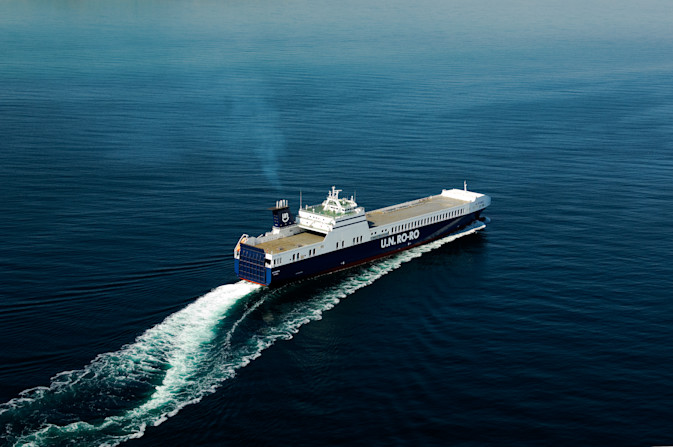 A photo of a U.N. Ro-Ro ship at sea, taken from above