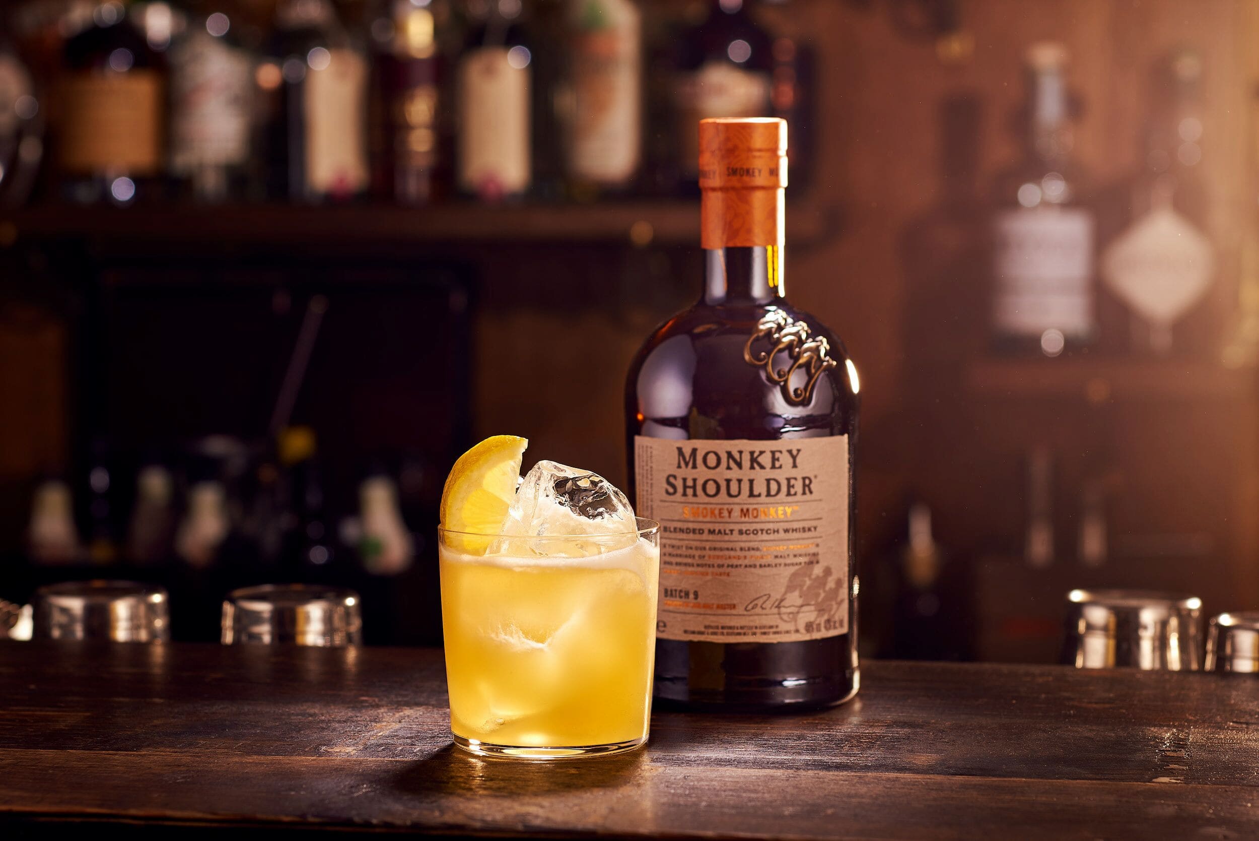 Asset: Image:Monkey Shoulder Penicillin cocktail bottle and serve 16x9