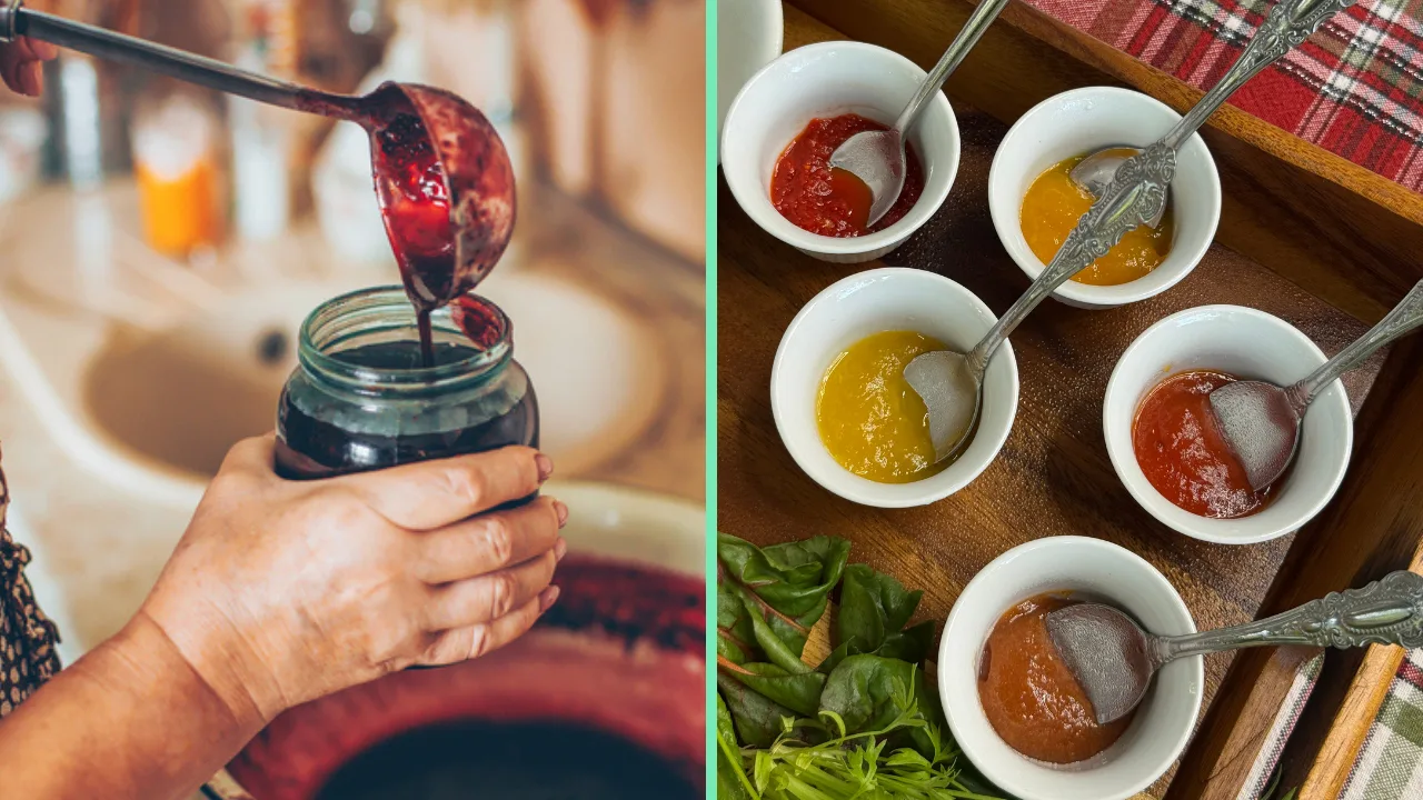 A la izquierda, mermelada de frambuesa en preparación. A la derecha, una variedad de mermeladas hechas en Frutos del Guacabo de sabores como ají dulce, papaya y piña. (Alexandr Kolesnikov | Getty Images; Juan Santa para Platea)