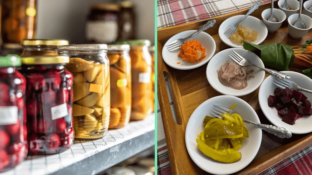 Variedad de encurtidos en envases de cristal. A la derecha, encurtidos de zanahoria, melón de agua, cebolla, pepinillo y remolacha de Frutos del Guacabo. (SimpleImages | Getty Images; Juan Santa para Platea)