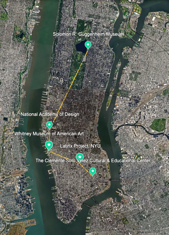 Mapa de instituciones en Nueva York donde trabajan o han colaborado las cinco mujeres puertorriqueñas