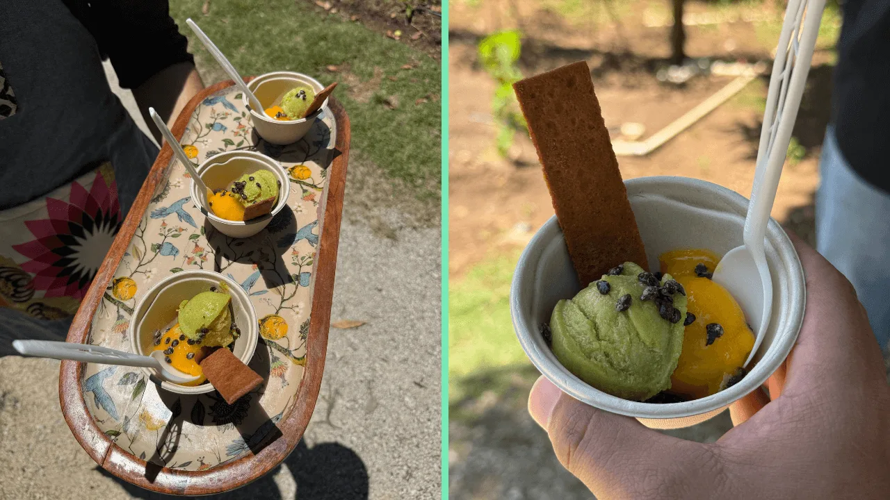 Sorbete de parcha y aguacate con semillas de parcha caramelizadas y una galleta de guayaba, servidos por Frutos del Guacabo. (Fotos Juan Santa para Platea)