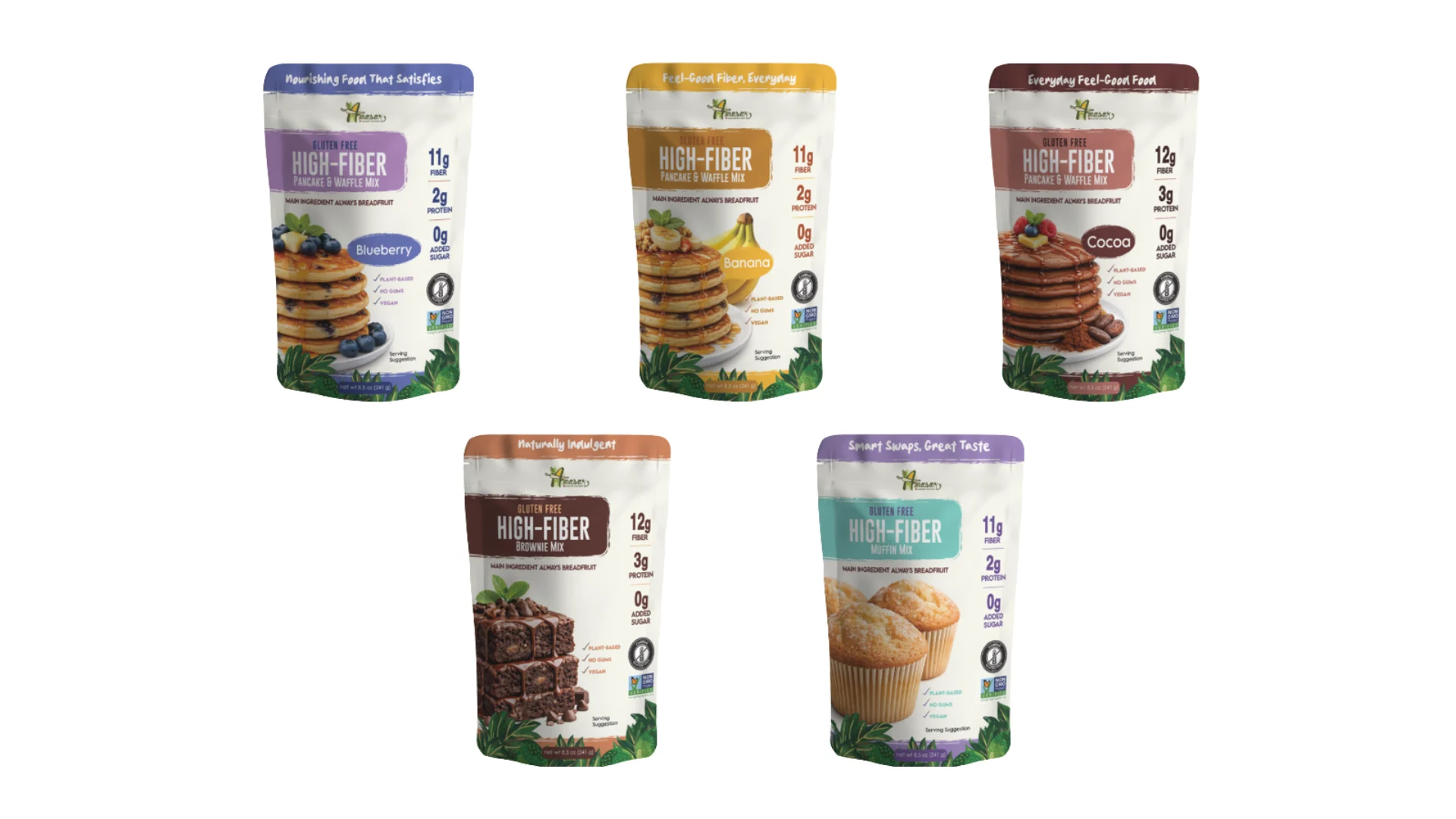 Cinco empaques de mezclas para pancakes y waffles altos en fibra en sabores blueberry, banana, cocoa, brownie y muffin
