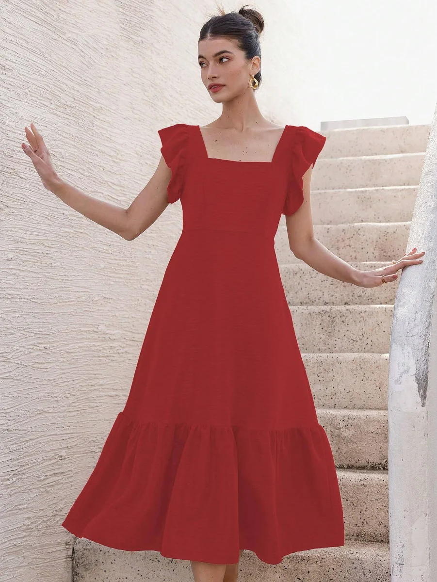 Red-Solid Color Square Neck, Ruffle-Trimmed Hem Sleeveless, Ruffle Armhole and Casual Dress - Image 4