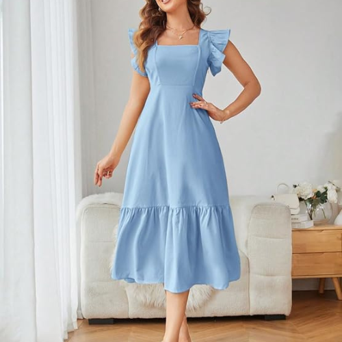 Baby Blue Solid Color Square Neck, Ruffle-Trimmed Hem Sleeveless, Ruffle Armhole and Casual Dress - Image 4