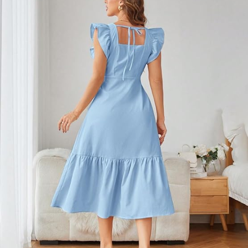 Baby Blue Solid Color Square Neck, Ruffle-Trimmed Hem Sleeveless, Ruffle Armhole and Casual Dress - Image 2