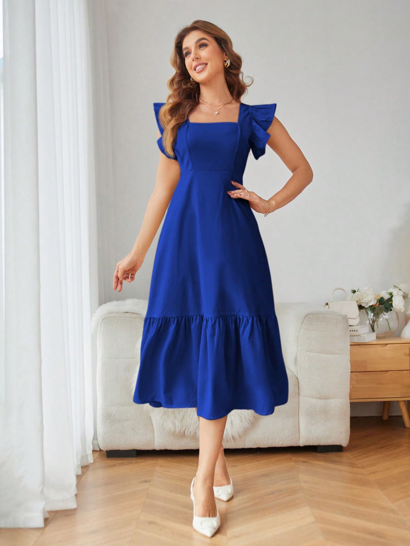 Royal Blue-Solid Color Square Neck, Ruffle-Trimmed Hem Sleeveless, Ruffle Armhole and Casual Dress - Image 2
